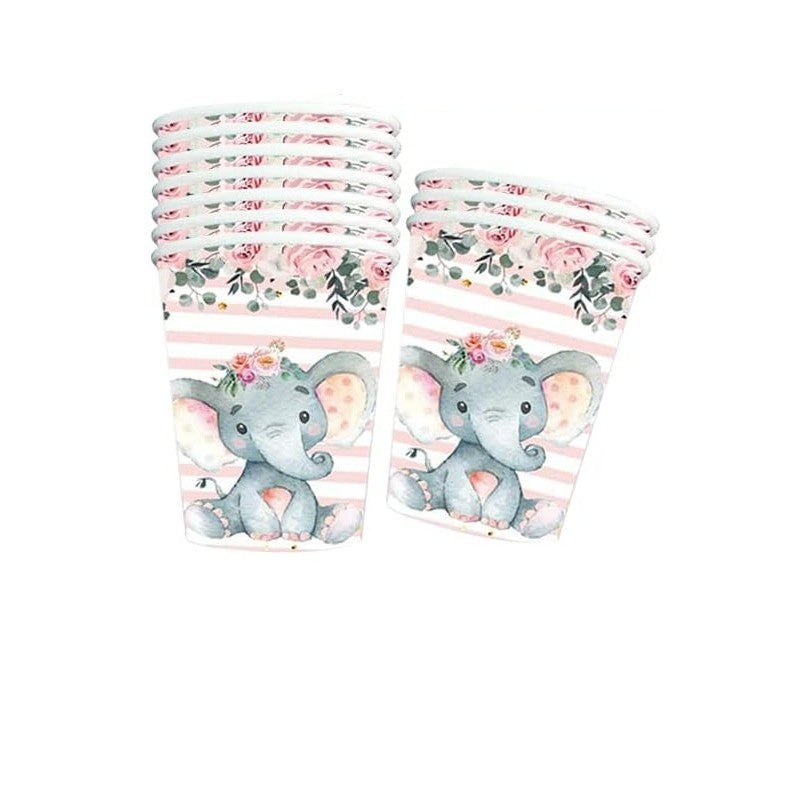 Set 10 Pahare, Klevo, Imprimeu Elefant, din Carton, 7.5 x 8.5 cm, Roz