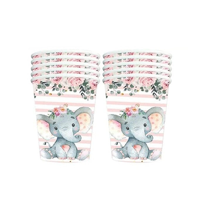Set 10 Pahare, Klevo, Imprimeu Elefant, din Carton, 7.5 x 8.5 cm, Roz