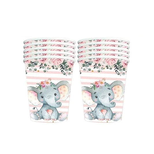 Set 10 Pahare, Klevo, Imprimeu Elefant, din Carton, 7.5 x 8.5 cm, Roz