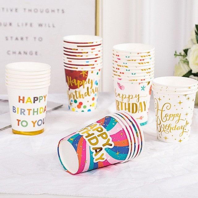 Set 10 Pahare, Klevo, Imprimeu Happy Birthday Baloane, din Carton, 250 ml, 7.5 x 8.5 x 5.2 cm, Multicolor