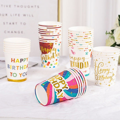 Set 10 Pahare, Klevo, Imprimeu Happy Birthday Baloane, din Carton, 250 ml, 7.5 x 8.5 x 5.2 cm, Multicolor