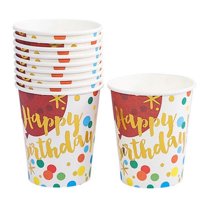Set 10 Pahare, Klevo, Imprimeu Happy Birthday Baloane, din Carton, 250 ml, 7.5 x 8.5 x 5.2 cm, Multicolor