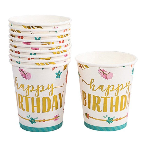 Set 10 Pahare, Klevo, Imprimeu Happy Birthday Gold, din Carton, 250 ml, 7.5 x 8.5 x 5.2 cm, Multicolor