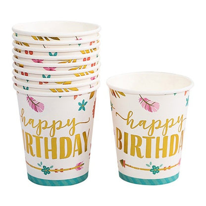 Set 10 Pahare, Klevo, Imprimeu Happy Birthday Gold, din Carton, 250 ml, 7.5 x 8.5 x 5.2 cm, Multicolor