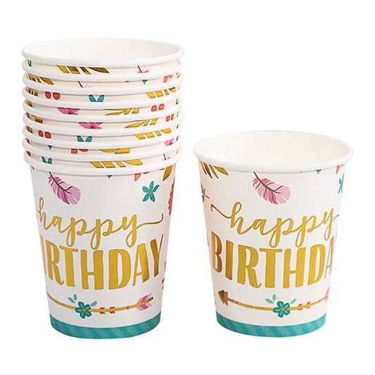 Set 10 Pahare, Klevo, Imprimeu Happy Birthday Gold, din Carton, 250 ml, 7.5 x 8.5 x 5.2 cm, Multicolor