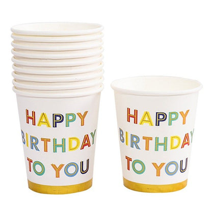 Set 10 Pahare, Klevo, Imprimeu Happy Birthday to You, din Carton, 250 ml, 7.5 x 8.5 x 5.2 cm, Multicolor