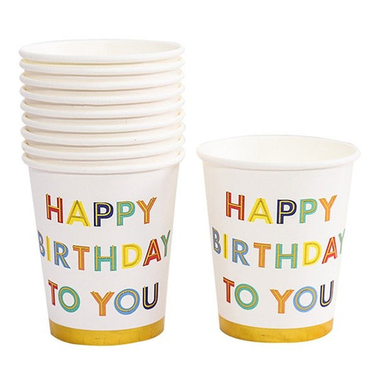 Set 10 Pahare, Klevo, Imprimeu Happy Birthday to You, din Carton, 250 ml, 7.5 x 8.5 x 5.2 cm, Multicolor