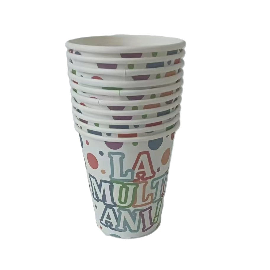 Set 10 Pahare, Klevo, Imprimeu La Multi Ani, din Carton, 250 ml, 7 x 8.5 x 5 cm, Multicolor
