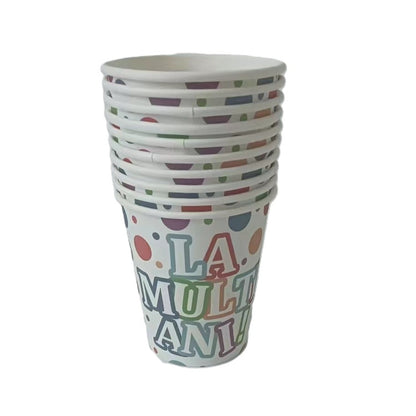 Set 10 Pahare, Klevo, Imprimeu La Multi Ani, din Carton, 250 ml, 7 x 8.5 x 5 cm, Multicolor
