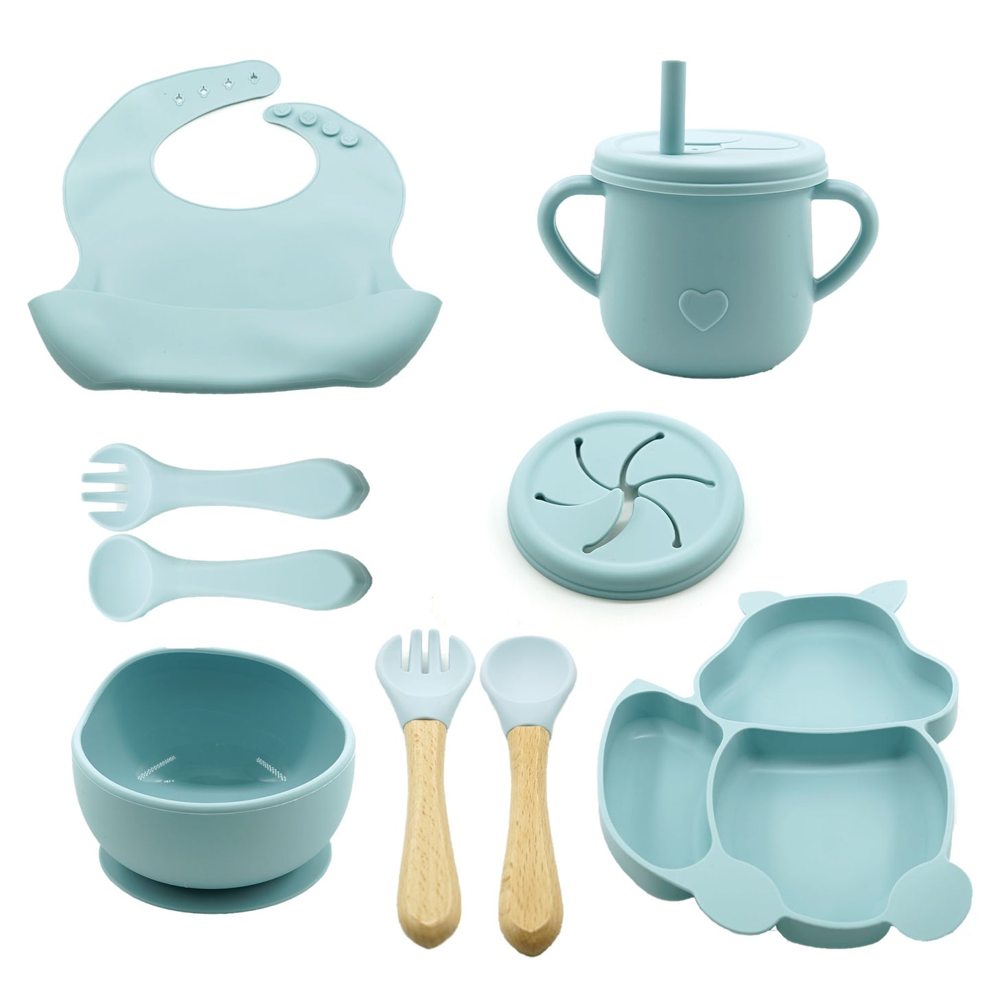 Set 10 piese diversificare bebelusi si copii din silicon Klevo, baveta, farfurie compartimentata cu ventuza, bol cu ventuza, tacamuri din lemn si silicon, cana pentru gustari, fara alergeni, baby blue