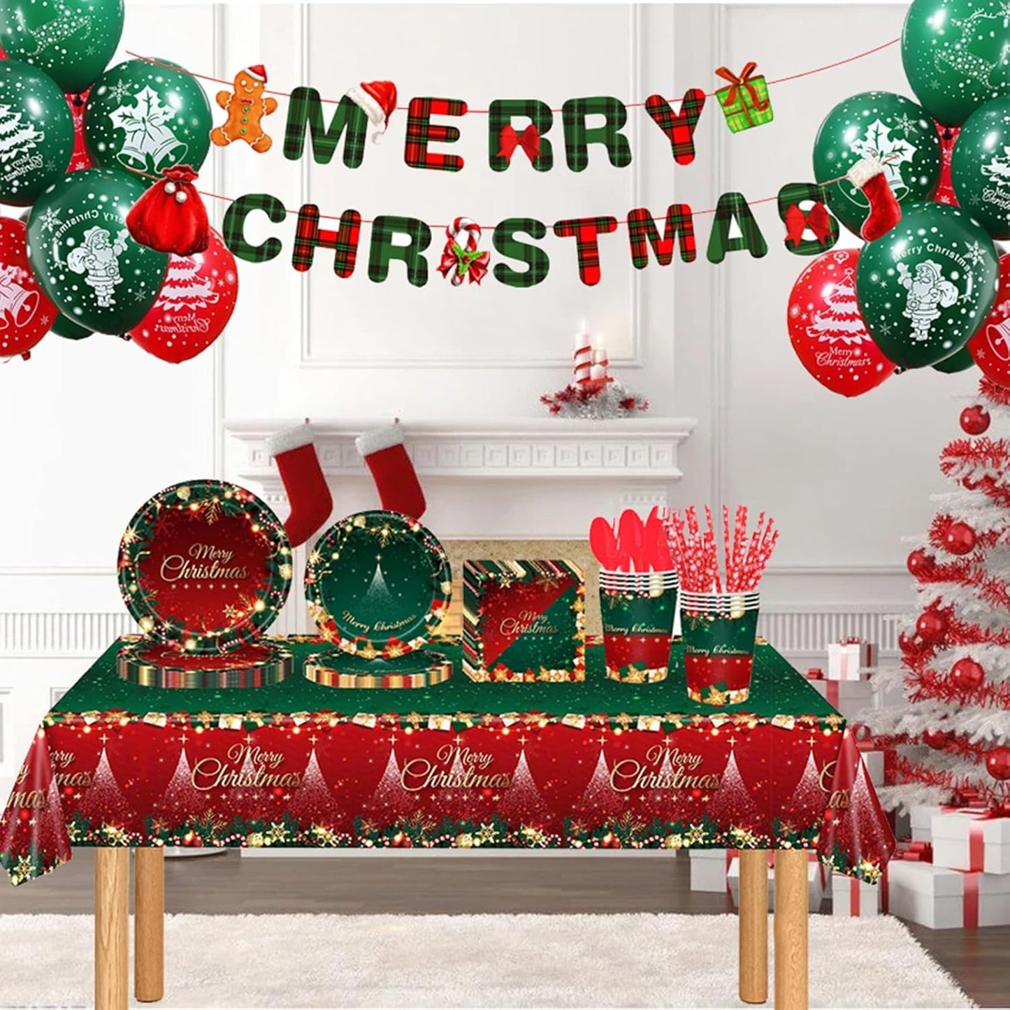 Set 119 Piese, Klevo, pentru Masa de Craciun, Farfurii 18 cm, Farfurii 23 cm, Pahare, Servetele, Tacamuri, Fata de Masa, Ghirlanda, Paie, Rosu/Verde