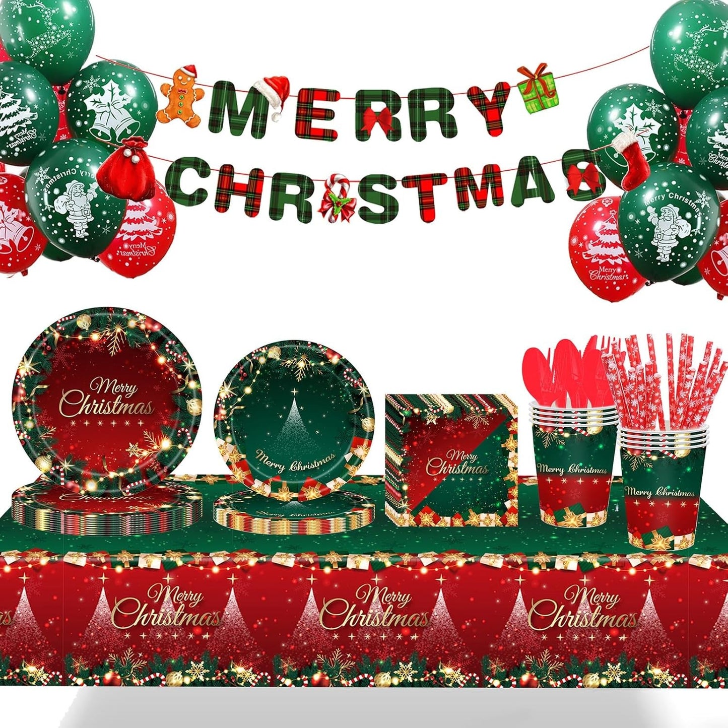 Set 119 Piese, Klevo, pentru Masa de Craciun, Farfurii 18 cm, Farfurii 23 cm, Pahare, Servetele, Tacamuri, Fata de Masa, Ghirlanda, Paie, Rosu/Verde