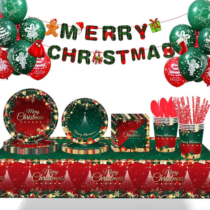 Set 119 Piese, Klevo, pentru Masa de Craciun, Farfurii 18 cm, Farfurii 23 cm, Pahare, Servetele, Tacamuri, Fata de Masa, Ghirlanda, Paie, Rosu/Verde