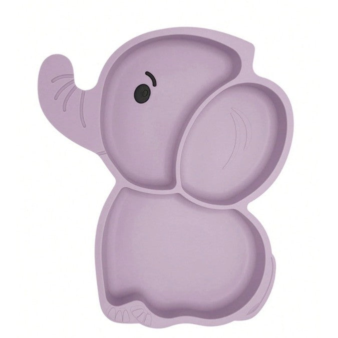 Set 10 Piese Servire Masa. Klevo, pentru Bebelusi si Copii, din Silicon/Lemn, cu Ventuze Anti-alunecare, fara Alergeni. +6 Luni, Model Elefant, Mov