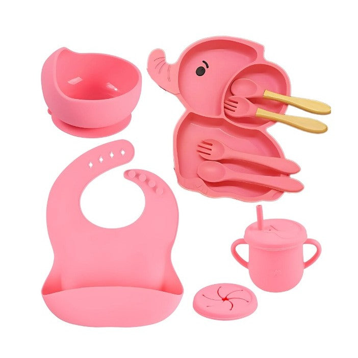 Set 10 Piese Servire Masa. Klevo, pentru Bebelusi si Copii, din Silicon/Lemn, cu Ventuze Anti-alunecare, fara Alergeni. +6 Luni, Model Elefant, Roz