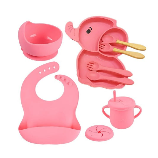 Set 10 Piese Servire Masa. Klevo, pentru Bebelusi si Copii, din Silicon/Lemn, cu Ventuze Anti-alunecare, fara Alergeni. +6 Luni, Model Elefant, Roz