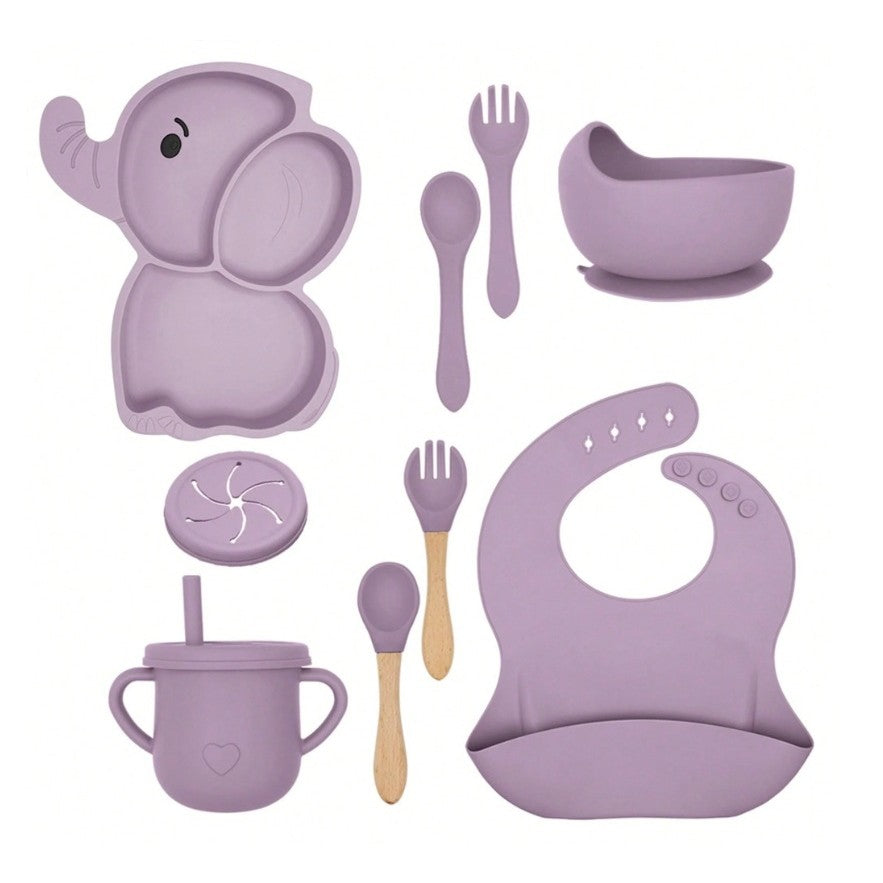 Set 10 Piese Servire Masa. Klevo, pentru Bebelusi si Copii, din Silicon/Lemn, cu Ventuze Anti-alunecare, fara Alergeni. +6 Luni, Model Elefant, Mov
