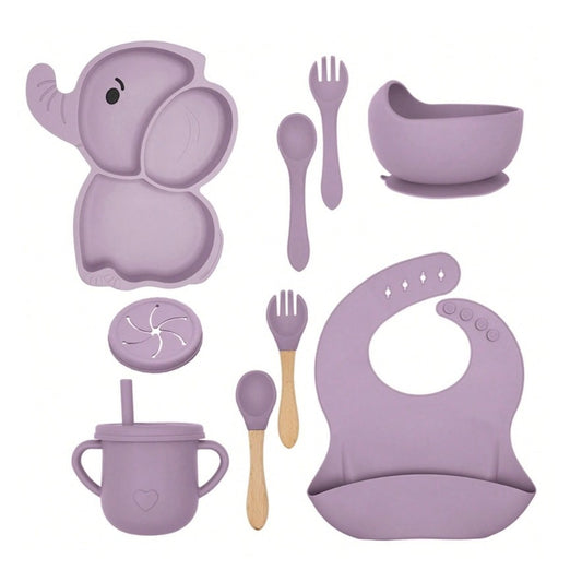 Set 10 Piese Servire Masa. Klevo, pentru Bebelusi si Copii, din Silicon/Lemn, cu Ventuze Anti-alunecare, fara Alergeni. +6 Luni, Model Elefant, Mov