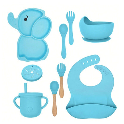 Set 10 Piese Servire Masa. Klevo, pentru Bebelusi si Copii, din Silicon/Lemn, cu Ventuze Anti-alunecare, fara Alergeni. +6 Luni, Model Elefant
