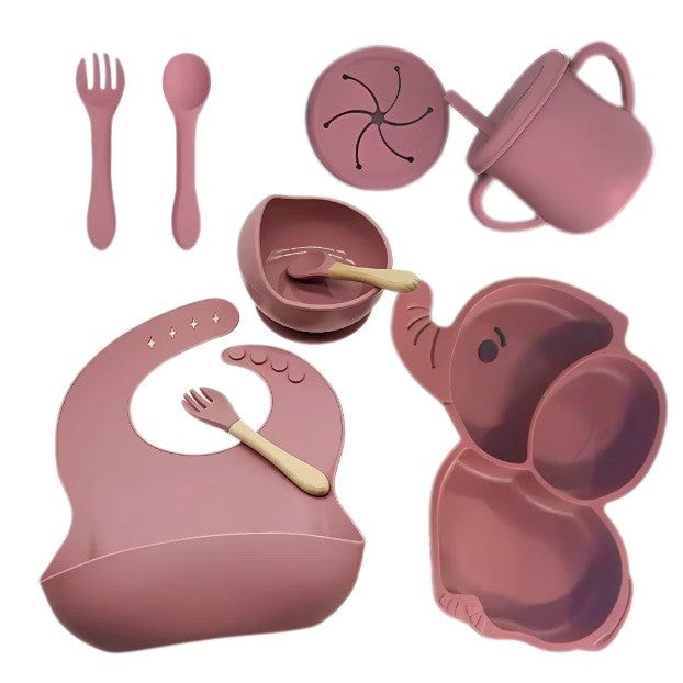Set 10 Piese Servire Masa. Klevo, pentru Bebelusi si Copii, din Silicon/Lemn, cu Ventuze Anti-alunecare, fara Alergeni. +6 Luni, Model Elefant, Maro