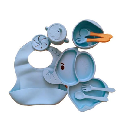 Set 10 Piese Servire Masa. Klevo, pentru Bebelusi si Copii, din Silicon/Lemn, cu Ventuze Anti-alunecare, fara Alergeni. +6 Luni, Model Elefant, Albastru Deschis