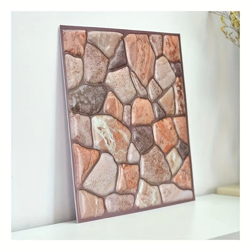 Set 10 Placi Tapet 3D, Klevo, 30 x 30 cm, din PVC, Tip Piatra, Suprafata acoperita 0.9 mp, Autoadeziv, Caramiziu
