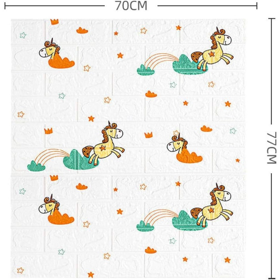 Set 10 Placi Tapet 3D, Klevo, 70 x 77 cm, Grosime 3 mm, din Polietilena, Tip Caramida, Model Unicorni, Suprafata acoperita 5.3 mp, Alb