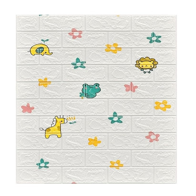Set 10 Placi Tapet 3D, Klevo, 70 x 77 cm, Grosime 3 mm, din Polietilena, Tip Caramida, Model Animalute si Floricele, Suprafata acoperita 5.3 mp, Alb