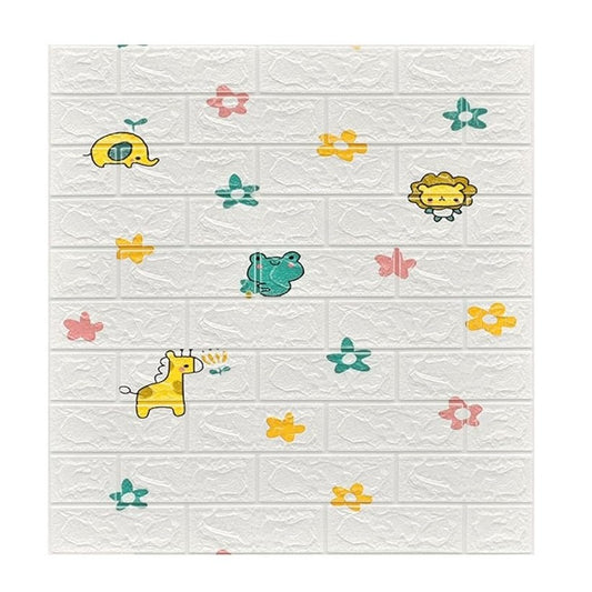 Set 10 Placi Tapet 3D, Klevo, 70 x 77 cm, Grosime 3 mm, din Polietilena, Tip Caramida, Model Animalute si Floricele, Suprafata acoperita 5.3 mp, Alb