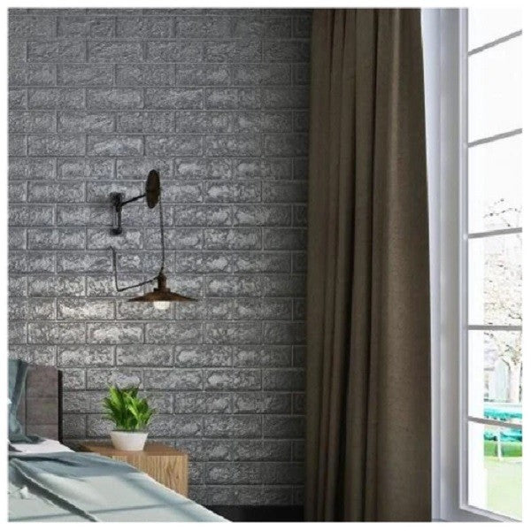 Set 10 Placi Tapet 3D, Klevo, 70 x 77 cm, Grosime 3 mm, din Polietilena, Model Caramida, Suprafata acoperita 5.3 mp, Argintiu