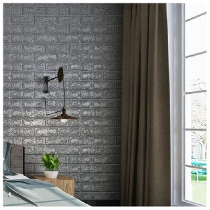 Set 10 Placi Tapet 3D, Klevo, 70 x 77 cm, Grosime 3 mm, din Polietilena, Model Caramida, Suprafata acoperita 5.3 mp, Argintiu