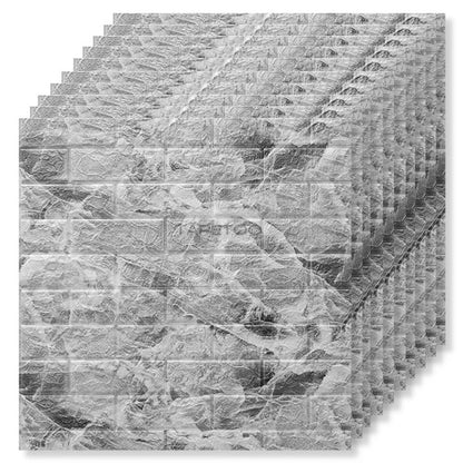 Set 10 Placi Tapet 3D, Klevo, 70 x 77 cm, Grosime 3 mm, din Polietilena, Model Caramida, Suprafata acoperita 5.3 mp, Marmura Gri