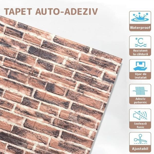 Set 10 Placi Tapet 3D, Klevo, 70 x 77 cm, Grosime 3 mm, din Polietilena, Model Caramida, Suprafata acoperita 5.3 mp, Caramida Rosie