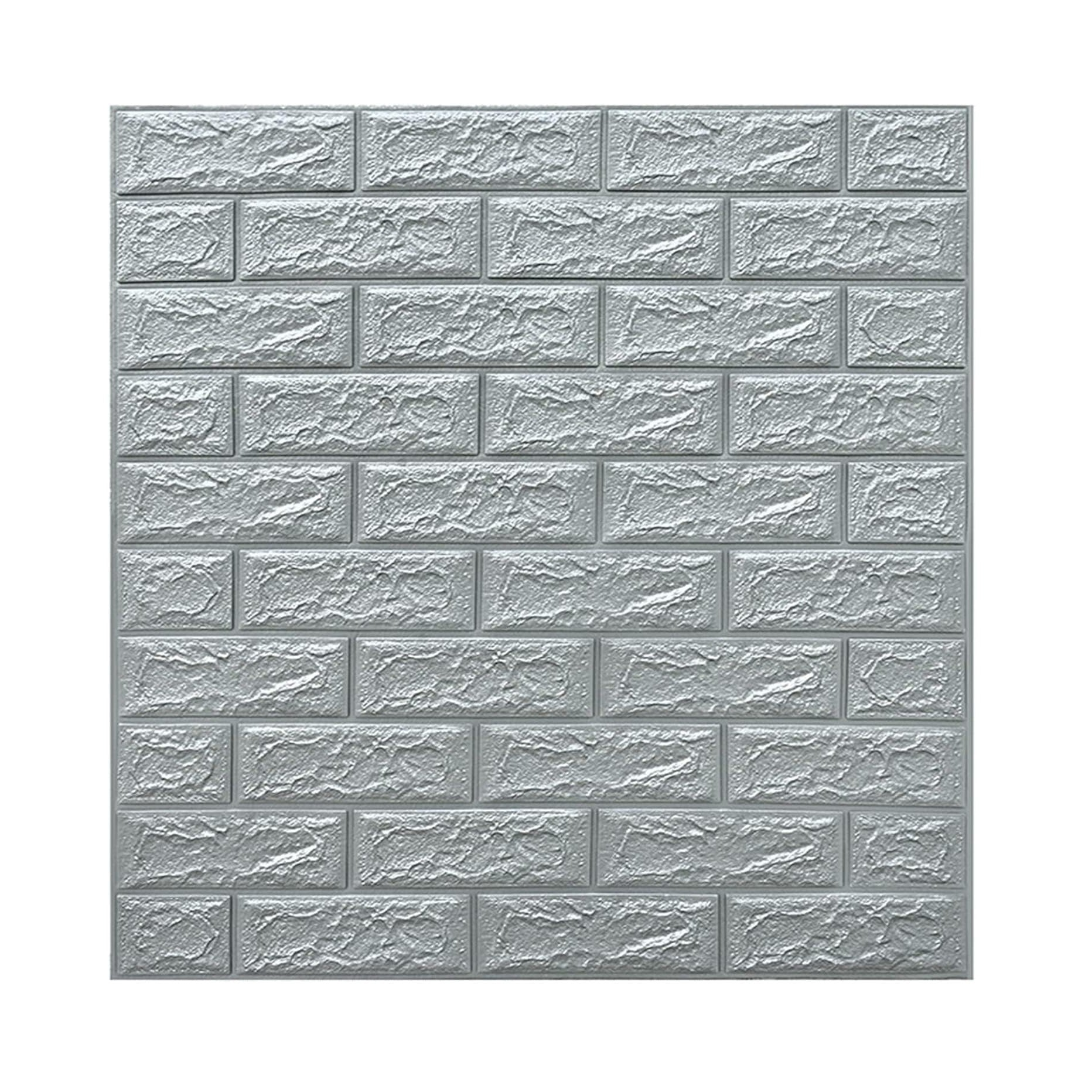 Set 10 Placi Tapet 3D, Klevo, 70 x 77 cm, Grosime 3 mm, din Polietilena, Model Caramida, Suprafata acoperita 5.3 mp, Argintiu