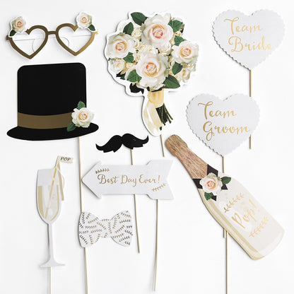 Set 10 Accesorii pentru Petrecere, Klevo, Props pentru Coltul de Poze, Model Mire si Mireasa, Tematica Nunta, Multicolor