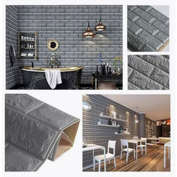 Set 10 Placi de Tapet, Klevo, Autoadezive, 70 x 77 cm, 2.5 mm Grosime, Suprafata Acoperita 5.3 mp, din PVC, Model Caramida, Argintiu