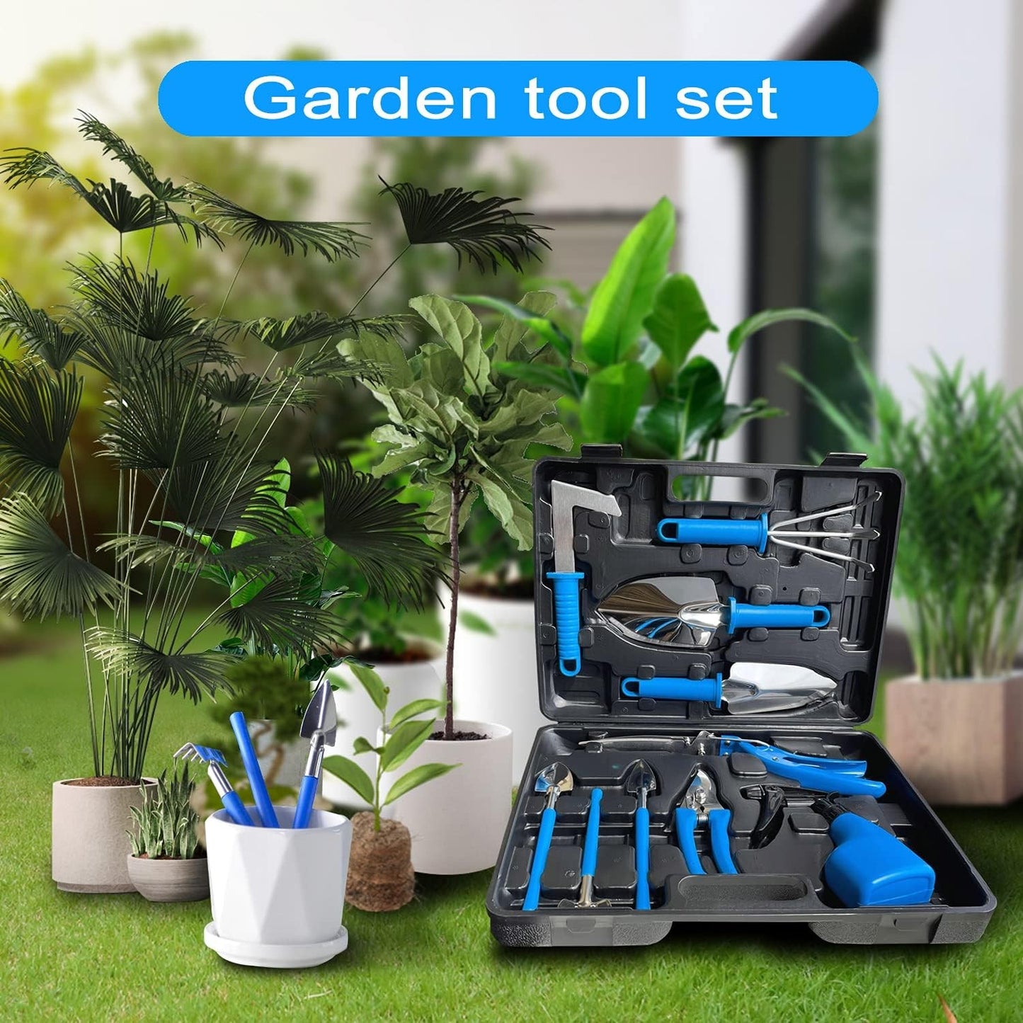 Set 10 Unelte de Gradina, Klevo, pentru Plantare Prelucrare Sol si Ingrijire Plante, Manere Albastre, Material PVC si Otel Inoxidabil, Cutie Inclusa, 37x28x7 cm, Negru