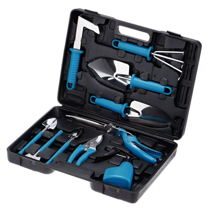 Set 10 Unelte de Gradina, Klevo, pentru Plantare Prelucrare Sol si Ingrijire Plante, Manere Albastre, Material PVC si Otel Inoxidabil, Cutie Inclusa, 37x28x7 cm, Negru