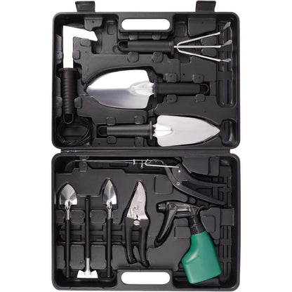 Set 10 Unelte de Gradina, Klevo, pentru Plantare Prelucrare Sol si Ingrijire Plante, Manere Negre, Material PVC si Otel Inoxidabil, Cutie Inclusa, 37x28x7 cm, Negru