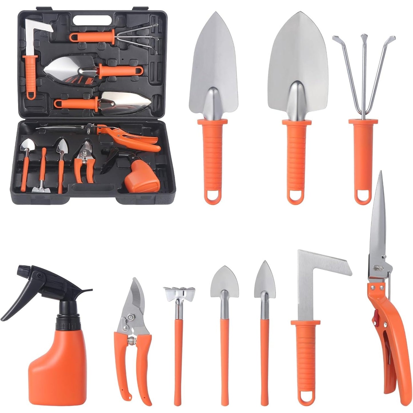 Set 10 Unelte de Gradina, Klevo, pentru Plantare Prelucrare Sol si Ingrijire Plante, Manere Portocalii, Material PVC si Otel Inoxidabil, Cutie Inclusa, 37x28x7 cm, Negru
