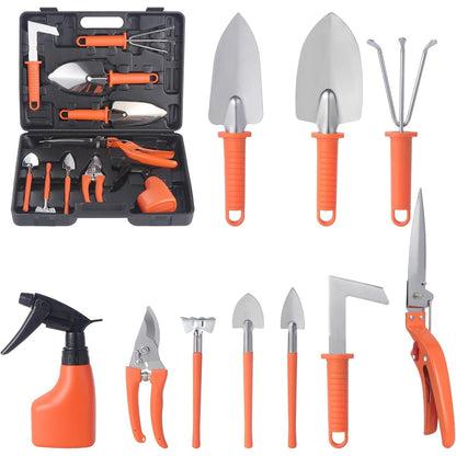 Set 10 Unelte de Gradina, Klevo, pentru Plantare Prelucrare Sol si Ingrijire Plante, Manere Portocalii, Material PVC si Otel Inoxidabil, Cutie Inclusa, 37x28x7 cm, Negru