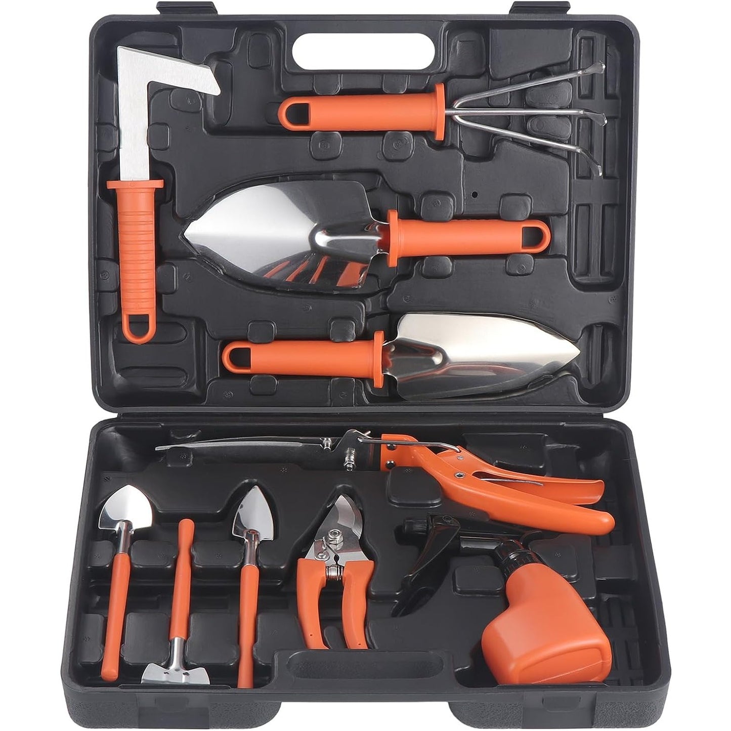 Set 10 Unelte de Gradina, Klevo, pentru Plantare Prelucrare Sol si Ingrijire Plante, Manere Portocalii, Material PVC si Otel Inoxidabil, Cutie Inclusa, 37x28x7 cm, Negru