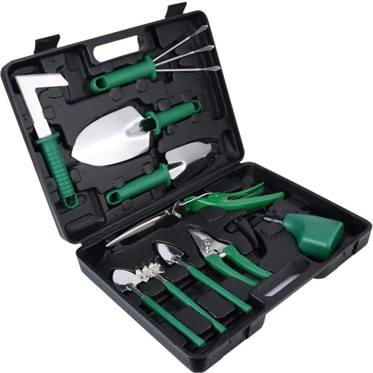 Set 10 Unelte de Gradina, Klevo, pentru Plantare Prelucrare Sol si Ingrijire Plante, Manere Verzi, Material PVC si Otel Inoxidabil, Cutie Inclusa, 37x28x7 cm, Negru