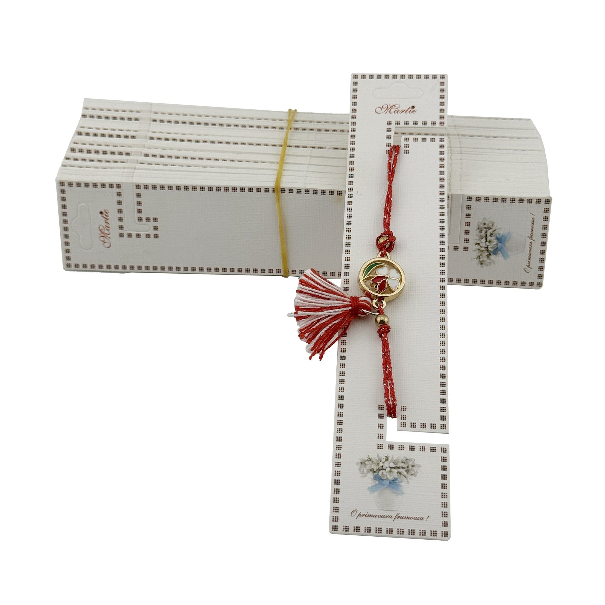 Set 100 Buc Cartonase pentru Bratara Martisor, Klevo, Model Ghiocei, 15 x 3 cm, Design Traditional de Primavara, Carton Rezistent