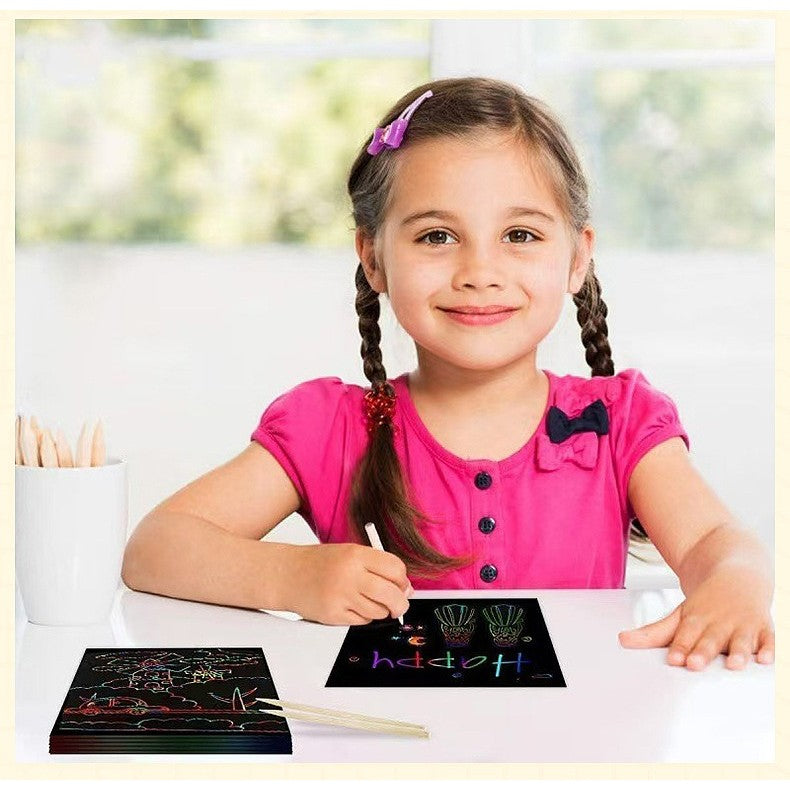 Set 100 de Foi de Hartie de Razuit, Klevo, cu Creion din Bambus, pentru Desen, 8.5 x 8.5, Curcubeu, Negru