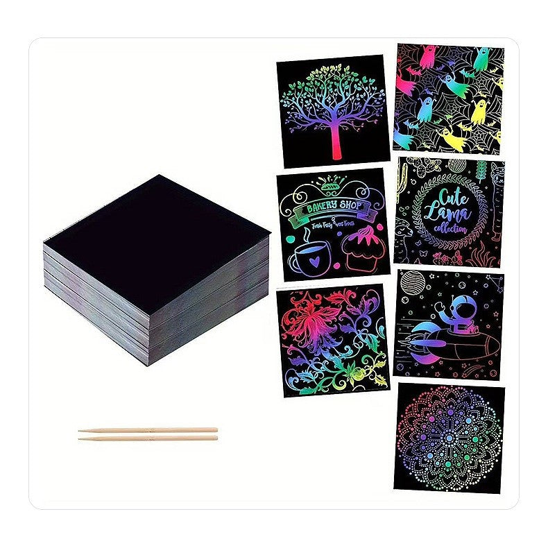 Set 100 de Foi de Hartie de Razuit, Klevo, cu Creion din Bambus, pentru Desen, 8.5 x 8.5, Curcubeu, Negru