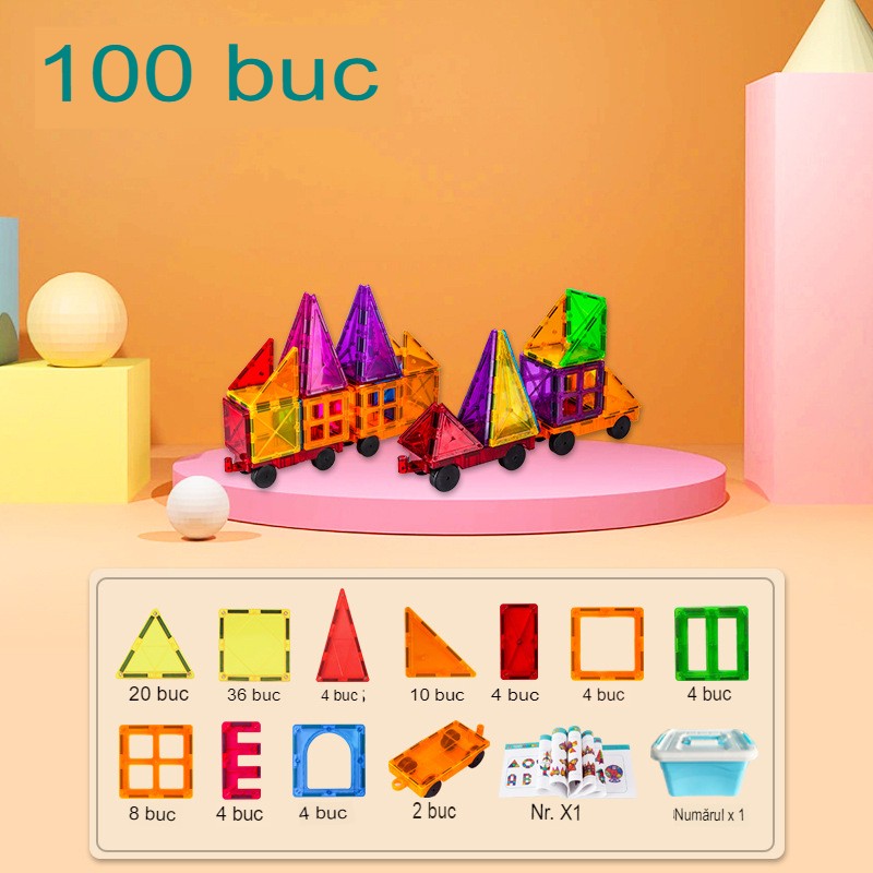 100-piece magnetic building block set, Klevo, magnetic bricks, large, geometric shapes, 3 years old, ABS, magnets, 27.5*21.5*17 cm, multi-color