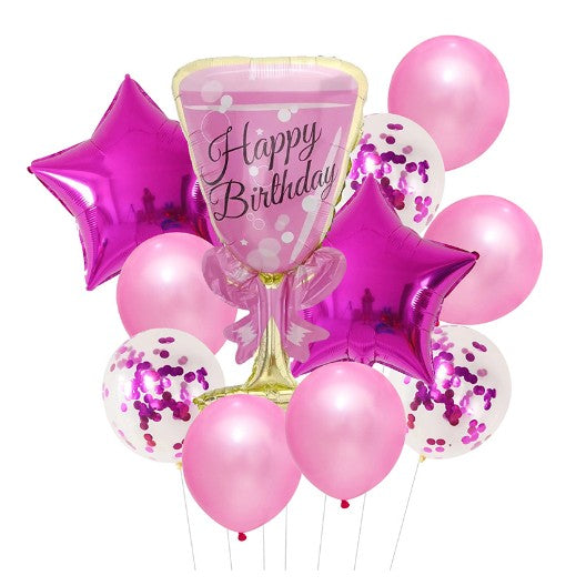 Set baloane Happy Birthday, Klevo, set din 11 bucati, Balon Pahar 93 cm, 2 baloane stea 45 cm, 5 baloane latex 30 cm, 3 baloane cu paiete 30 cm, Mov