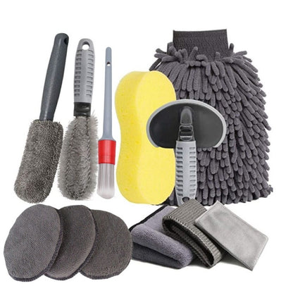 Set 12 Accesorii pentru Curatare Auto, Klevo, Interior si Exterior, Curatare Jante, Cauciucuri, Gri