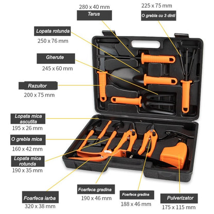 Set 12 accesorii pentru gradinarit Klevo, geanta depozitare inclusa, otel inoxidabil, 37 x 27 cm, portocaliu